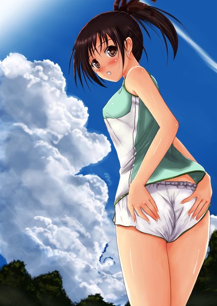 Anime picture 2149x3035 with fault!! saeki ai mikuni mizuki single tall image blush highres short hair black hair brown eyes cloud (clouds) looking back girl uniform gym uniform