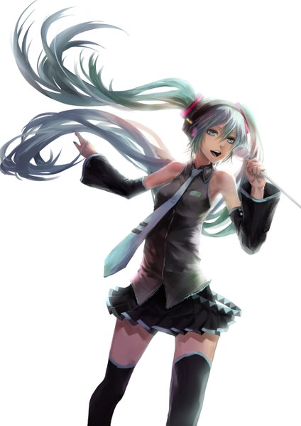 Anime picture 3792x5362 with vocaloid hatsune miku applekun single tall image highres open mouth white background twintails absurdres very long hair aqua eyes aqua hair zettai ryouiki girl thighhighs skirt black thighhighs detached sleeves necktie