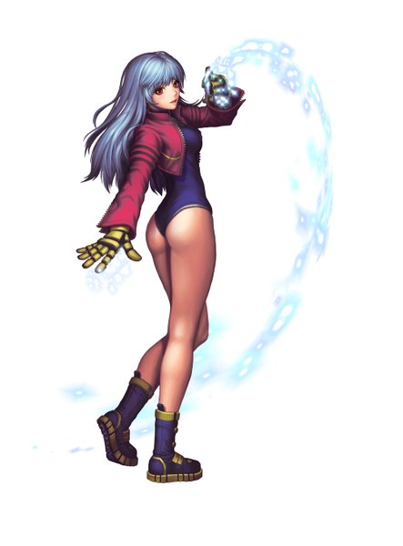 Anime picture 1000x1353 with the king of fighters snk kula diamond fistful single long hair tall image blush open mouth light erotic simple background smile red eyes white background blue hair full body ass lips legs cropped