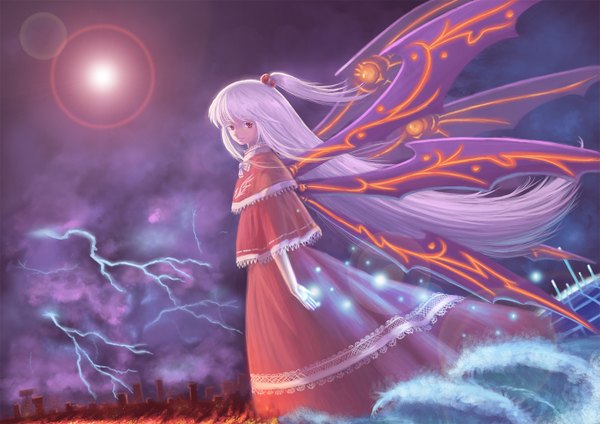 Anime picture 1366x966 with touhou shinki (touhou) aka (rosedream) single long hair looking at viewer red eyes white hair one side up lens flare lightning girl dress wings water fire sun