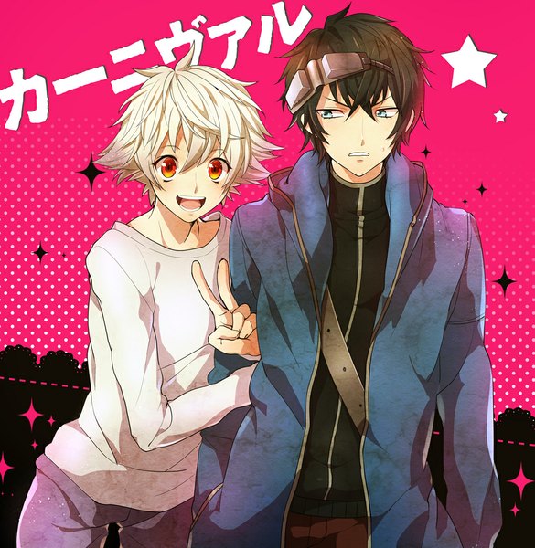 Anime picture 1000x1026 with karneval gareki (karneval) nai (karneval) yamaki suzume tall image looking at viewer blush short hair open mouth blue eyes black hair red eyes looking away white hair multiple boys victory pink background goggles on head boy 2 boys