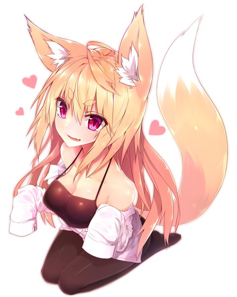 Anime picture 2400x3000 with original suke single long hair tall image blush fringe highres breasts open mouth blonde hair red eyes large breasts white background sitting animal ears tail animal tail from above open clothes