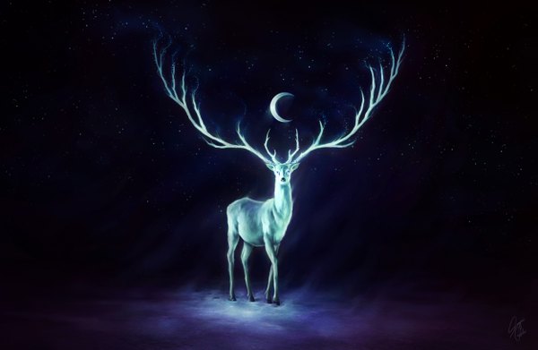 Anime picture 5000x3263 with mononoke hime studio ghibli shishigami sanguisgelidus highres absurdres horn (horns) night glowing dark background no people crescent animal star (stars) deer