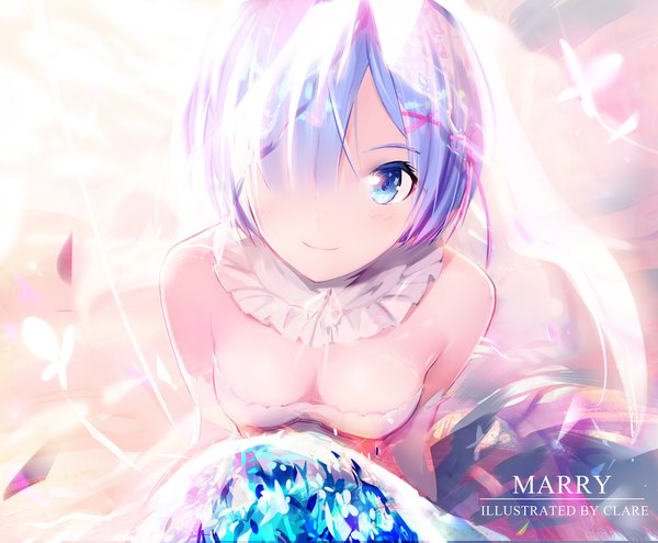 Anime picture 1920x1585 with re:zero kara hajimeru isekai seikatsu white fox rem (re:zero) clare (543) single looking at viewer fringe highres short hair breasts blue eyes light erotic smile bare shoulders signed blue hair cleavage upper body from above sunlight