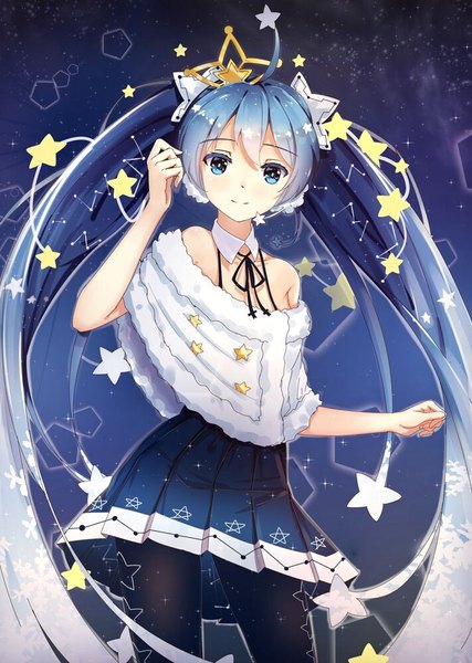 Anime picture 711x1000 with vocaloid hatsune miku reki (lichk) single tall image looking at viewer blush fringe blue eyes smile hair between eyes standing twintails bare shoulders blue hair ahoge very long hair pleated skirt fur trim shiny