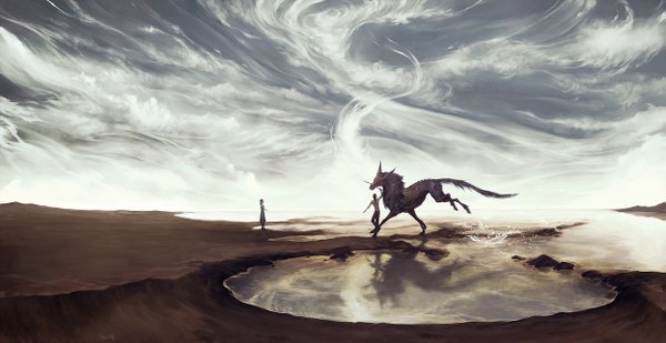 Anime picture 1247x643 with original gunnerromantic wide image sky cloud (clouds) from behind topless fantasy girl boy animal water splashes horse