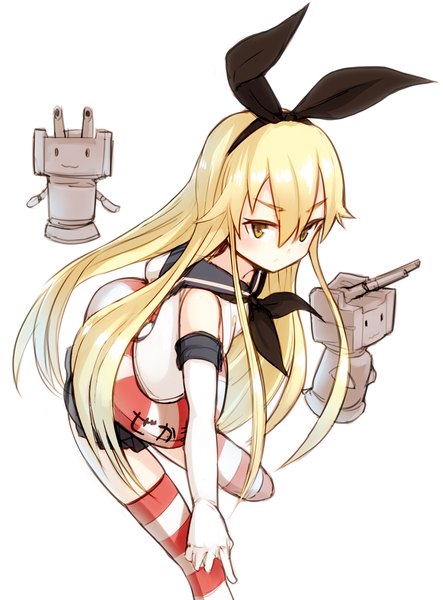 Anime picture 1000x1352 with kantai collection shimakaze destroyer rensouhou-chan nosuku long hair tall image blush fringe simple background blonde hair white background yellow eyes hieroglyph striped pointing girl thighhighs skirt gloves miniskirt