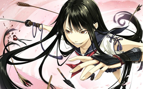 Anime picture 1124x700 with original kimura (ykimu) single long hair black hair smile wide image brown eyes girl weapon petals sword serafuku katana
