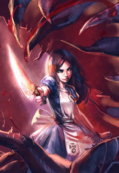 Anime picture 826x1200 with american mcgee's alice (game) alice: madness returns alice (american mcgee's) bow (bhp) single long hair tall image looking at viewer highres black hair smile green eyes short sleeves girl dress blood knife