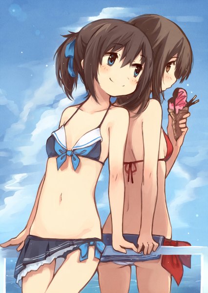 Anime picture 853x1200 with original girls log vol.5 - kyuri illustration works 2014 summer vacation kyuri tall image blush blue eyes light erotic black hair brown hair standing multiple girls holding brown eyes sky cloud (clouds) ass outdoors ponytail looking back bare belly