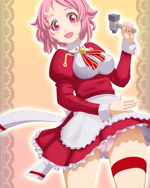 Anime picture 1000x1250 with sword art online a-1 pictures lisbeth single tall image blush short hair open mouth light erotic red eyes pink hair pantyshot girl apron hammer