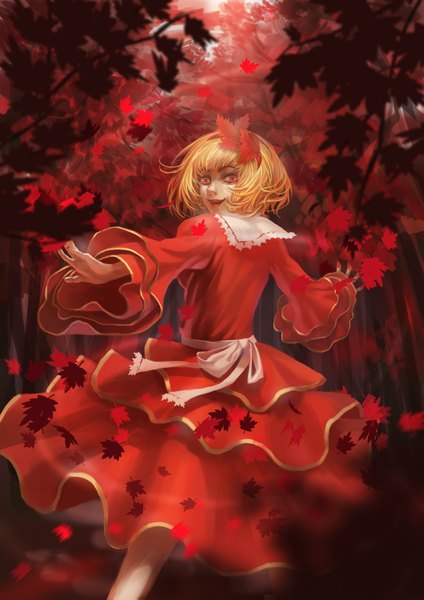 Anime picture 1181x1671 with touhou aki shizuha cmy single tall image looking at viewer short hair open mouth blonde hair smile red eyes standing looking back lips from behind wide sleeves back spread arms autumn weightlessness