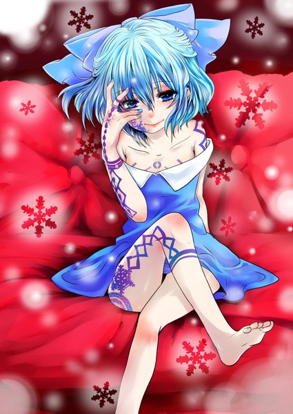 Anime picture 2507x3541 with touhou cirno nekodanukoko single tall image fringe highres short hair blue eyes smile hair between eyes bare shoulders blue hair absurdres nail polish barefoot lips off shoulder tattoo crossed legs