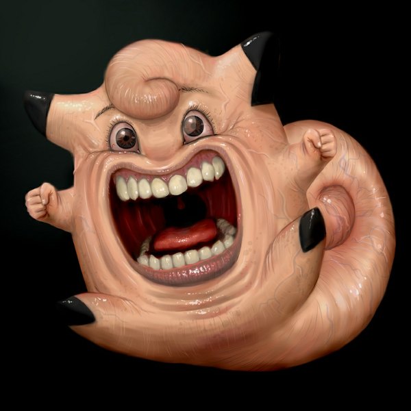 Anime picture 1000x1000 with pokemon nintendo clefairy cosmo (pixiv12140406) open mouth brown eyes teeth black background gen 1 pokemon humor monster