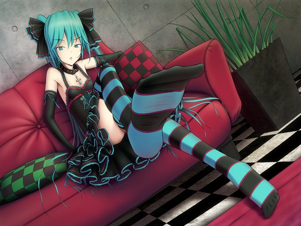 Anime picture 1200x900 with vocaloid hatsune miku kujira-kousen single long hair open mouth sitting twintails bare shoulders barefoot aqua eyes aqua hair legs checkered floor girl thighhighs dress gloves bow plant (plants)