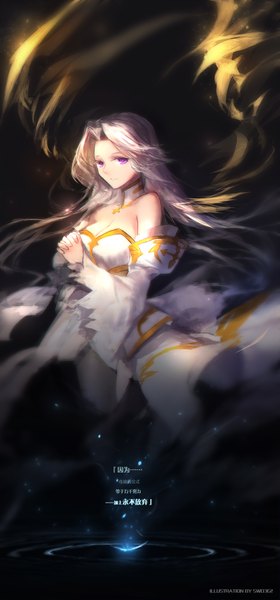 Anime picture 827x1772 with original swd3e2 single long hair tall image looking at viewer purple eyes bare shoulders white hair light smile inscription hieroglyph dark background girl dress detached sleeves cross