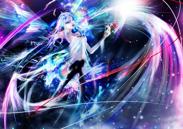 Anime picture 1200x848 with vocaloid hatsune miku zena (artist) open mouth bare shoulders pink eyes abstract girl