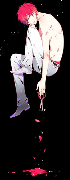 Anime picture 781x2000 with kuroko no basket production i.g akashi seijuurou single tall image looking at viewer fringe short hair open mouth red eyes bare shoulders yellow eyes bent knee (knees) red hair black background flying boy underwear petals shoes