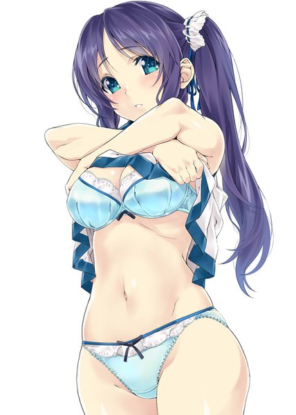 Anime picture 1142x1600 with nagi no asukara p.a. works hiradaira chisaki nagayori single long hair tall image looking at viewer blush breasts light erotic simple background standing twintails green eyes purple hair ass looking down crossed arms undressing