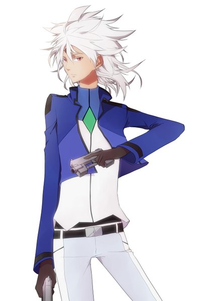 Anime picture 1050x1500 with inazuma eleven badarp slead tall image short hair simple background red eyes white background white hair boy gloves weapon gun pistol