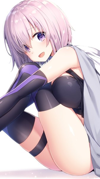 Anime picture 1080x1920 with fate (series) fate/grand order mash kyrielight masuishi kinoto single tall image looking at viewer blush fringe short hair breasts open mouth light erotic simple background large breasts white background sitting purple eyes purple hair hair over one eye