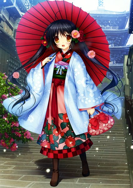 Anime picture 2605x3676 with original hinoue itaru long hair tall image blush highres open mouth black hair twintails yellow eyes traditional clothes japanese clothes hair flower scan snowing winter walking girl hair ornament flower (flowers)