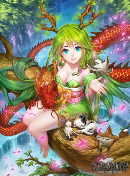 Anime picture 1240x1677 with commandeer (card game) izanami (commandeer) stcygnus long hair tall image looking at viewer breasts light erotic smile large breasts sitting bare shoulders green eyes cleavage traditional clothes japanese clothes barefoot arm up horn (horns) green hair