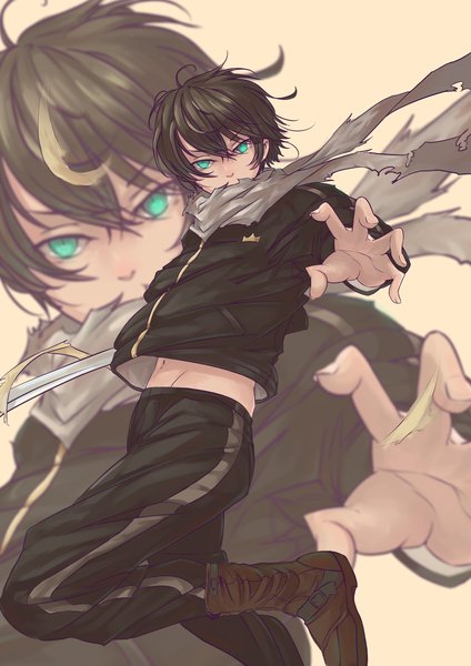 Anime picture 2480x3507 with noragami studio bones yato (noragami) leslie single tall image looking at viewer highres short hair brown hair holding green eyes fingernails midriff groin zoom layer boy navel uniform weapon