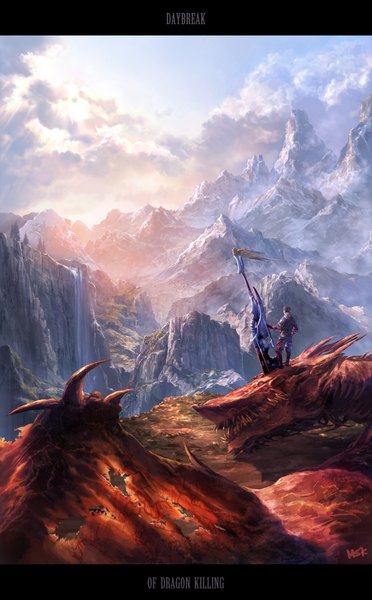 Anime picture 1386x2233 with mstk (artist) tall image sky cloud (clouds) evening sunset mountain landscape fantasy scenic waterfall warrior boy sword wings water blood dragon