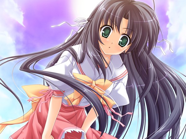 Anime picture 1200x900 with gakuto (game) long hair black hair green eyes game cg girl serafuku