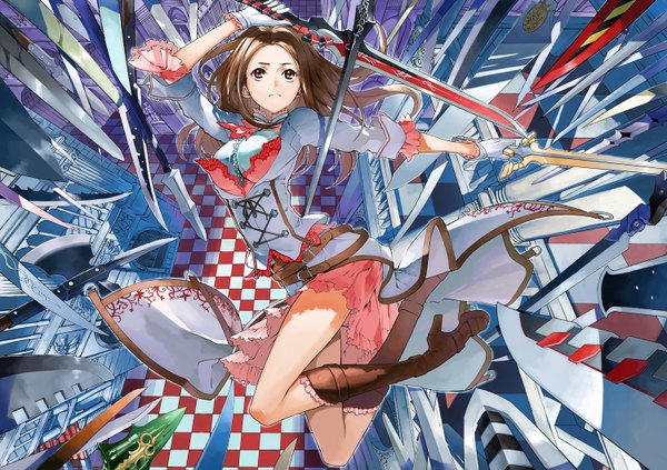 Anime picture 1500x1058 with chaos rings (manga) midou yui justminor single long hair brown hair brown eyes checkered girl dress gloves weapon sword knife spear axe