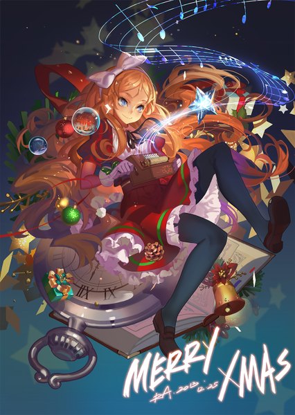 Anime picture 1064x1500 with alice in wonderland alice (wonderland) alphonse (white datura) single long hair tall image looking at viewer blue eyes smile signed orange hair inscription night christmas flying girl dress gloves bow hair bow