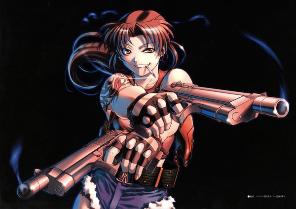 Anime picture 3600x2540 with black lagoon madhouse revy (black lagoon) highres black background smoking gun