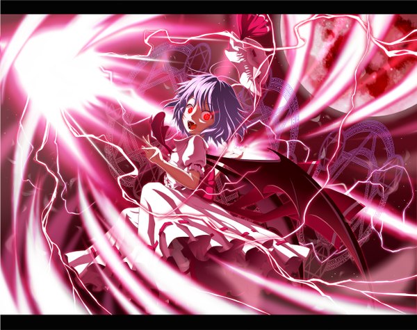 Anime picture 1225x970 with touhou remilia scarlet mount whip short hair open mouth red eyes blue hair magic bat wings red moon girl hat wings magic circle spear the gungnir