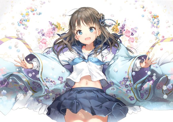 Anime picture 3300x2342 with original eshi 100-nin ten anmi single long hair blush highres open mouth blue eyes brown hair absurdres bare belly spread arms girl skirt uniform flower (flowers) miniskirt serafuku food