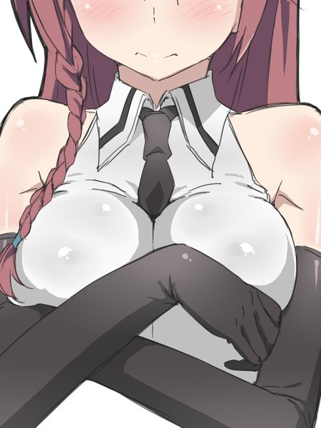 Anime picture 1200x1600 with trinity seven asami lilith uguisu (happy turn) single long hair tall image blush breasts light erotic brown hair large breasts bare shoulders braid (braids) embarrassed single braid girl gloves black gloves necktie elbow gloves