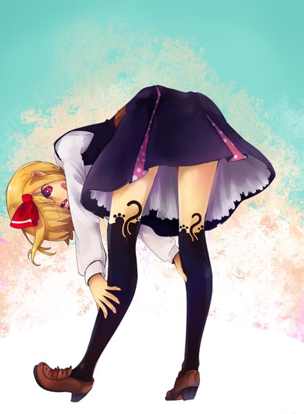 Anime picture 1200x1632 with touhou rumia murani single tall image looking at viewer short hair open mouth blonde hair red eyes from behind bent over girl thighhighs dress ribbon (ribbons) hair ribbon shirt shoes