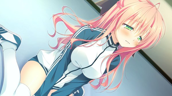 Anime picture 1280x720 with clover day's rindo tsubame chikotam single long hair blush breasts wide image large breasts sitting green eyes pink hair game cg ahoge tears wariza crying girl thighhighs uniform