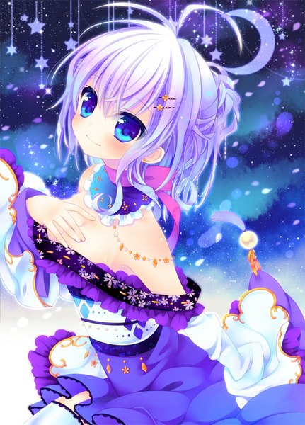 Anime picture 661x920 with original konno kengo single long hair tall image looking at viewer blush blue eyes smile bare shoulders blue hair night night sky girl dress hair ornament hairclip star (symbol)