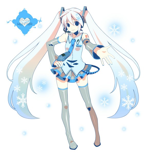 Anime picture 950x1000 with vocaloid hatsune miku yuki miku yuki miku (2010) single tall image blush smile twintails bare shoulders blue hair very long hair black eyes zettai ryouiki hand on hip text outstretched hand girl skirt hair ornament