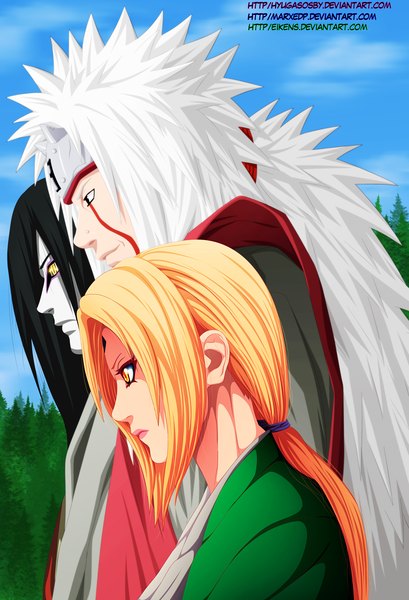 Anime picture 4095x6000 with naruto studio pierrot naruto (series) tsunade jiraiya orochimaru hyugasosby eikens marxedp long hair tall image highres black hair blonde hair smile yellow eyes absurdres sky cloud (clouds) white hair