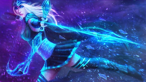 Anime picture 1920x1080 with league of legends ashe (league of legends) magicnaanavi single long hair highres blue eyes wide image looking away white hair girl thighhighs weapon hood bow (weapon) arrow (arrows) ice