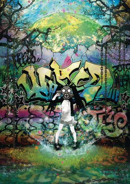 Anime picture 1167x1650 with original tcs (pixiv) tall image black hair twintails graffiti girl flower (flowers) petals tree (trees) water chain mask forest planet gas mask