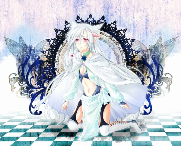 Anime picture 1500x1209 with original tsukioka shien single long hair red eyes animal ears white hair horn (horns) pointy ears kneeling checkered floor girl navel thigh boots