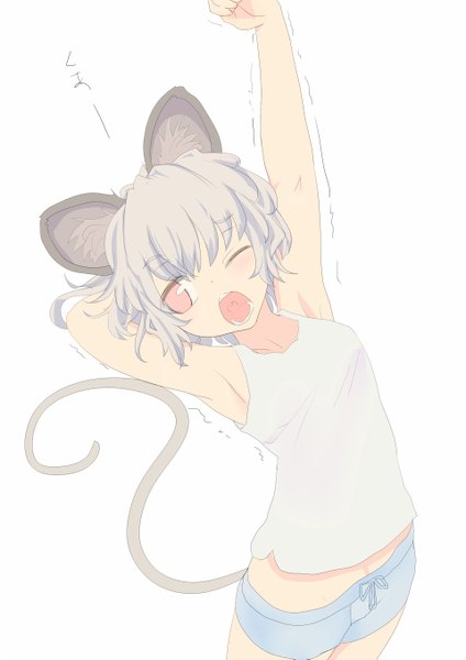 Anime picture 960x1357 with touhou nazrin ishikkoro single tall image fringe short hair open mouth simple background red eyes white background animal ears looking away tail animal tail one eye closed arm up from above grey hair bare belly