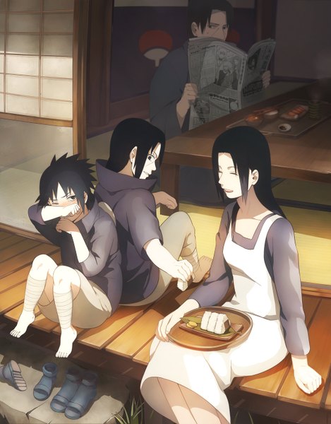 Anime picture 1096x1400 with naruto studio pierrot naruto (series) uchiha sasuke uchiha itachi uchiha mikoto uchiha fugaku oba-min long hair tall image blush short hair black hair sitting holding eyes closed tears pale skin siblings crying