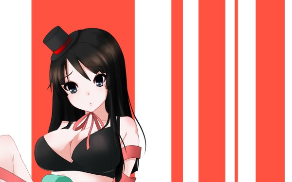 Anime picture 1280x800 with k-on! kyoto animation akiyama mio yasuda oukan single long hair breasts light erotic black hair wide image large breasts third-party edit striped background extended girl hat mini hat mini top hat