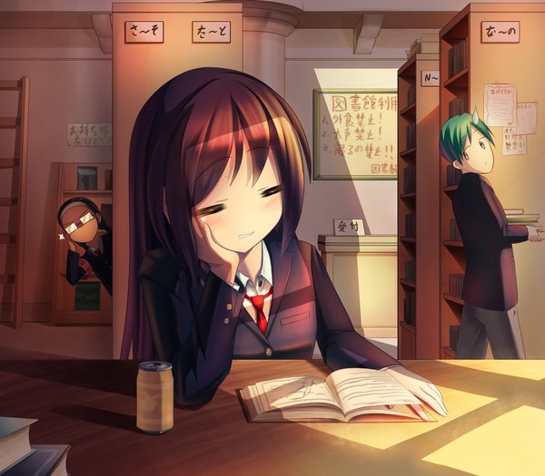 Anime picture 2000x1750 with original hyui cf2 long hair blush highres short hair brown hair multiple girls eyes closed green hair girl boy uniform 2 girls school uniform glasses book (books) shelf bookshelf