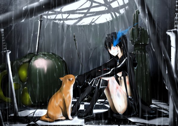 Anime picture 3508x2480 with black rock shooter black rock shooter (character) takashiro highres absurdres open clothes open jacket rain checkered floor girl sword boots cat skull