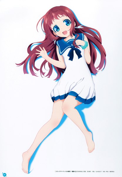 Anime picture 2397x3461 with nagi no asukara p.a. works mukaido manaka single long hair tall image highres open mouth blue eyes simple background smile brown hair white background looking away full body :d barefoot scan official art bare legs